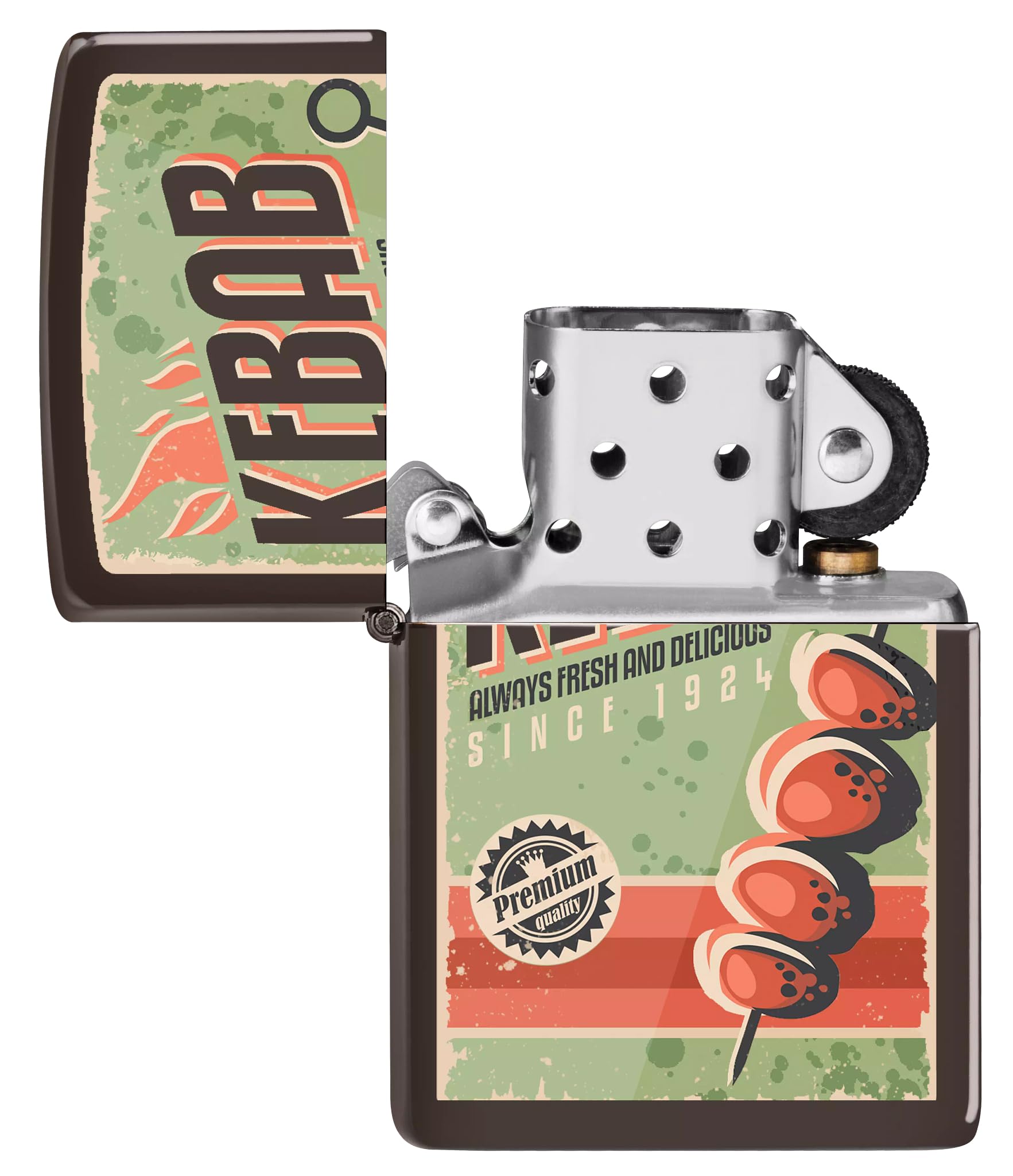 Zippo Kebab Zapalniczka Sztormowa, Kolorowy Nadruk, do Napełniania, Wielokrotnego Użytku, Wiatroodporna Konstrukcja, Pudełko na Prezent, Wykonano w USA, Kolor Brązowy