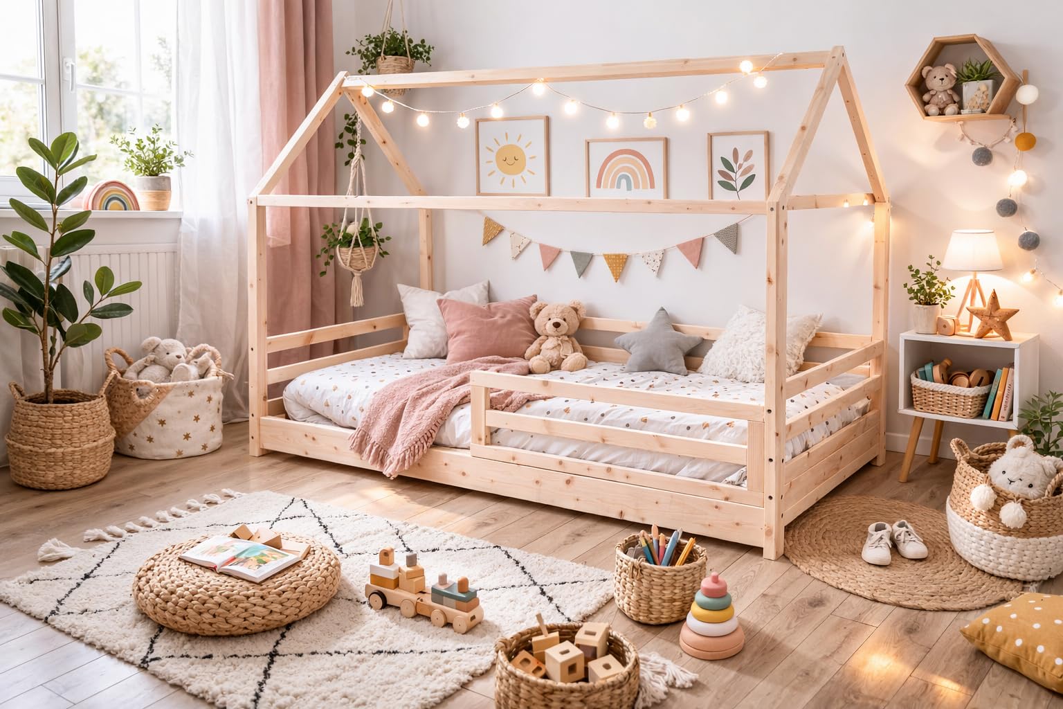Letto capanna in legno di pino naturale per bambini, 90 x 190 cm, stile Montessori con barriere di sicurezza, design casa tenda