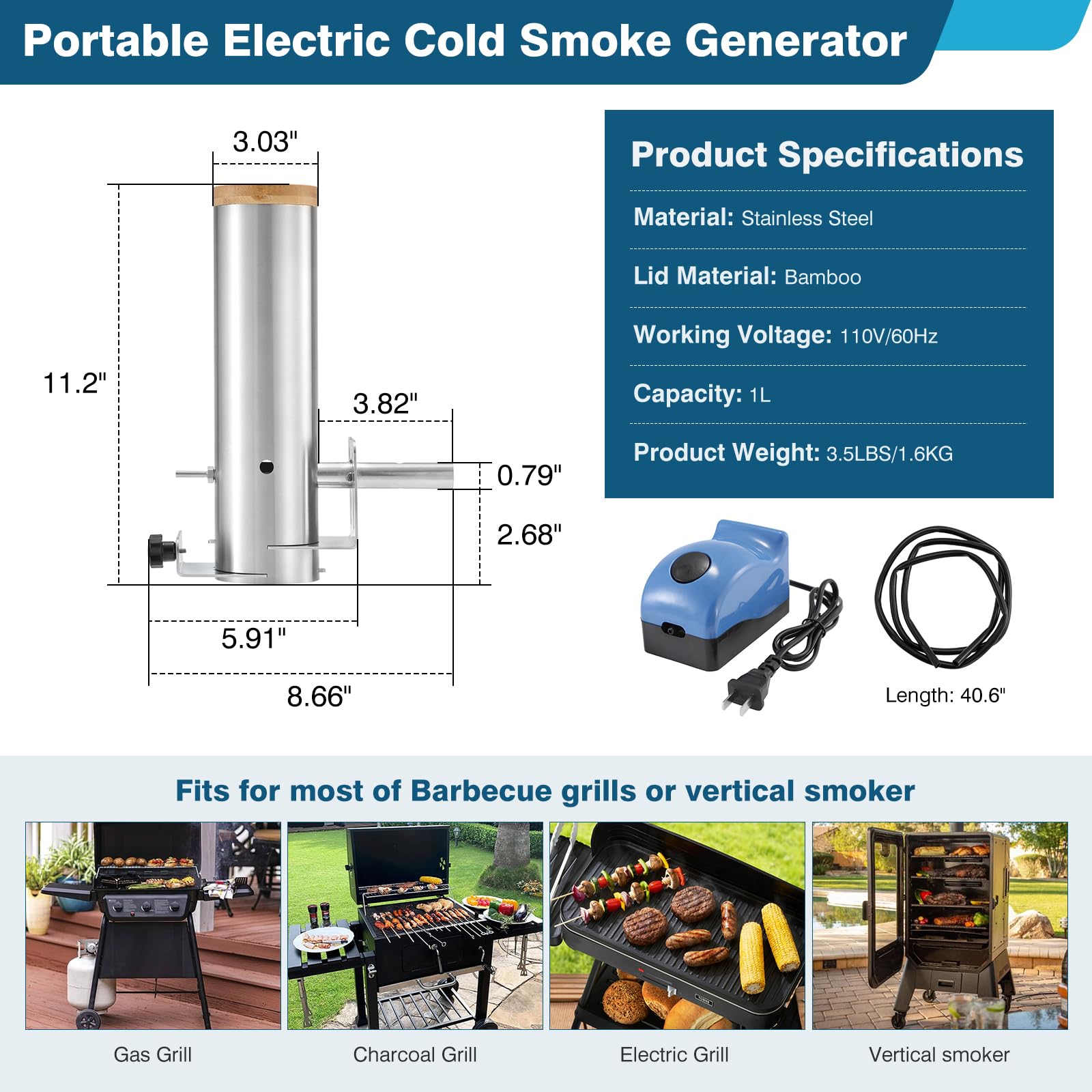 IRONWALLS Electric Cold Smoke Generator with Lid & Air Pump, Portable Barbecue Smoker, Wood Chips Pellets Smoker Generator with 1L Capacity, Stainless Steel Hot and Cold Smoke Maker Machine for Food