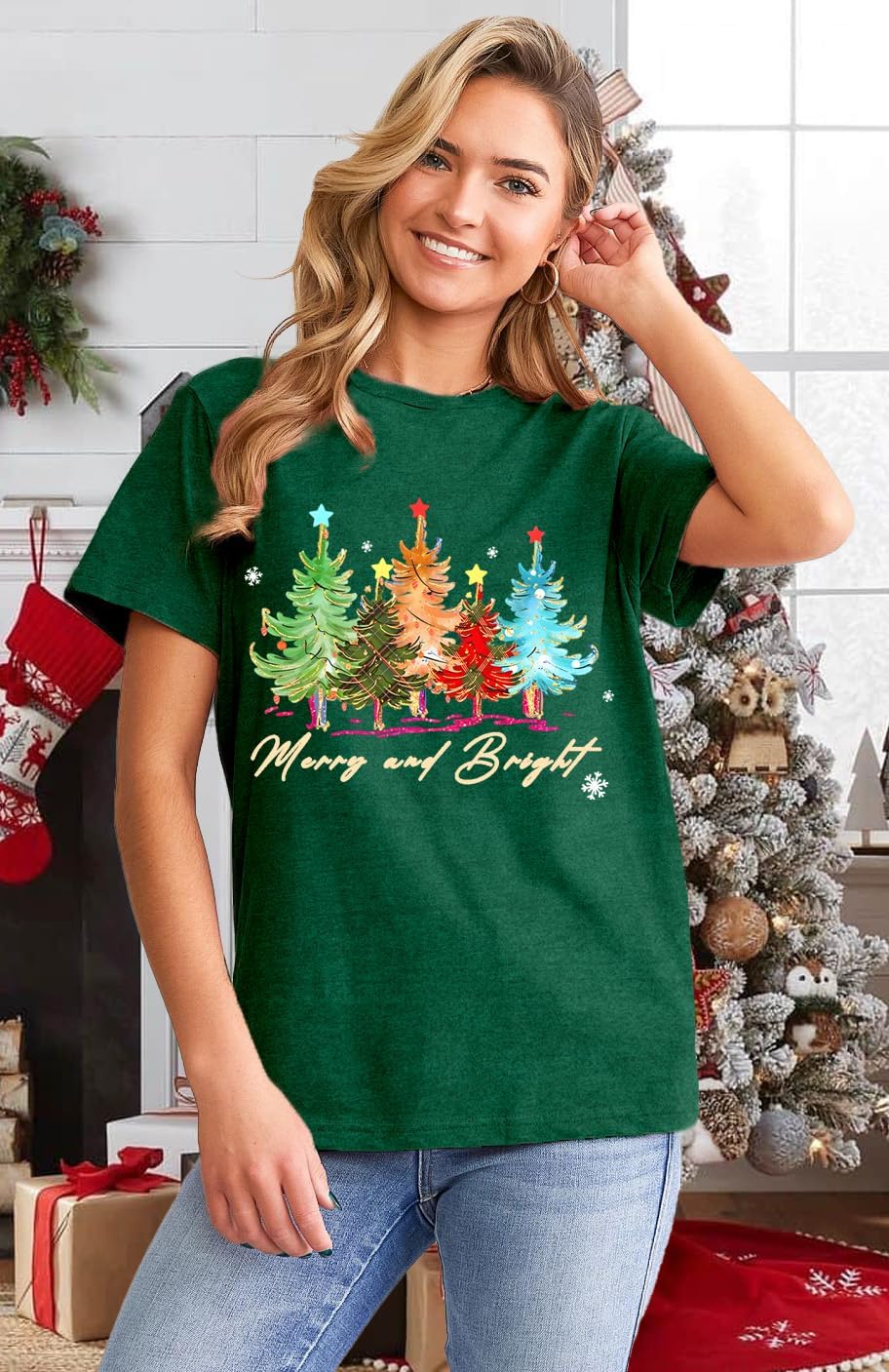 LBP Merry Christmas Shirt for Women Merry and Bright Christmas T-Shirt Xmas Holiday Tee Tops - Image 2
