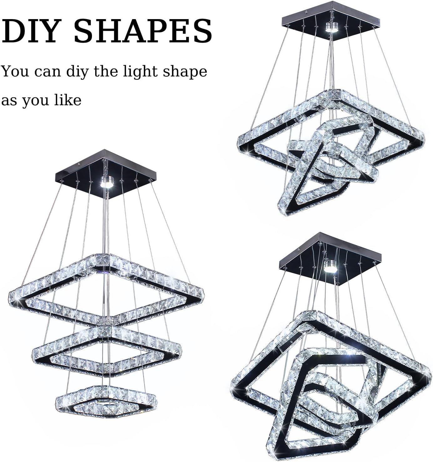 Modern Crystal Chandelier, Dimmable LED Pendant Light with Remote, Square 3-Ring K9 Crystal Chandelier, Height Adjustable 47W Hanging Light Fixture for Dining Room Living Room Bedroom Foyer