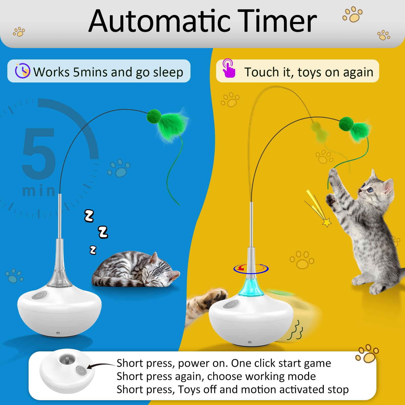 Juguete interactivo para gatos con activación táctil, cintas voladoras de giro automático, juguetes de plumas para gatos de interior, varita de palo de 26 pulgadas, recargable