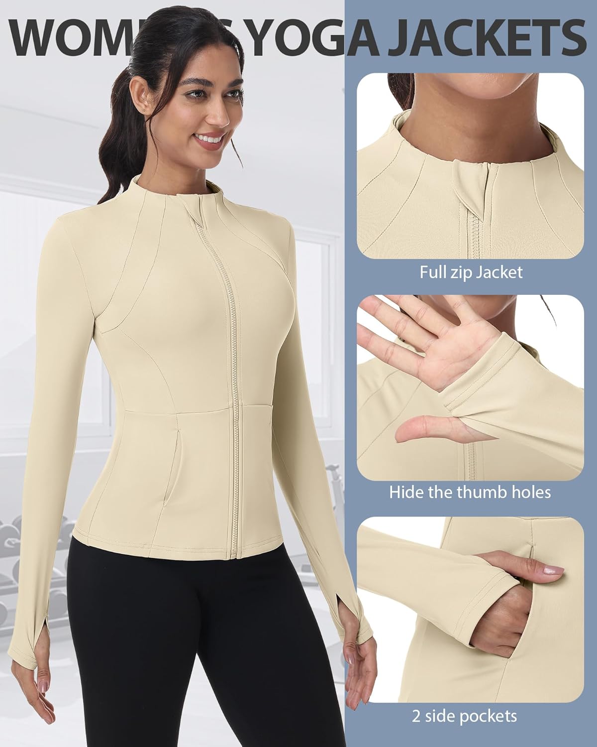 3 Pack Women's Workout Yoga Jackets Zip Up Lightweight Athletic Jackets Slim Fit Cropped Tops with Pocket Thumb Hole