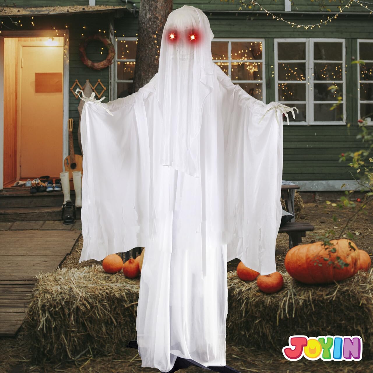 OYIN Décoration de fantôme animée pour Halloween - 172,7 cm - Squelette Debout - avec Yeux Lumineux et Son Effrayant (Activation sonore) - pour Halloween,