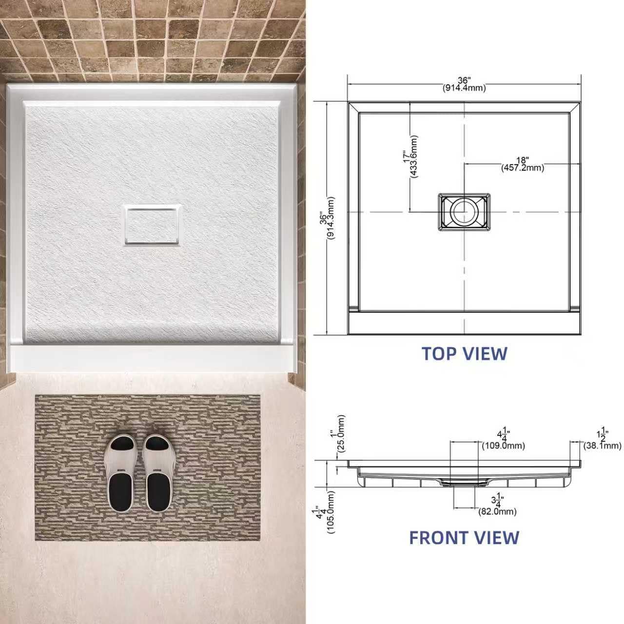 Shower Pan 36"x 36", Solid Surface White Shower Base, Single Threshold With Center Drain，Non-Slip SMC Shower Pan for Alcove Installation,Drain not Included
