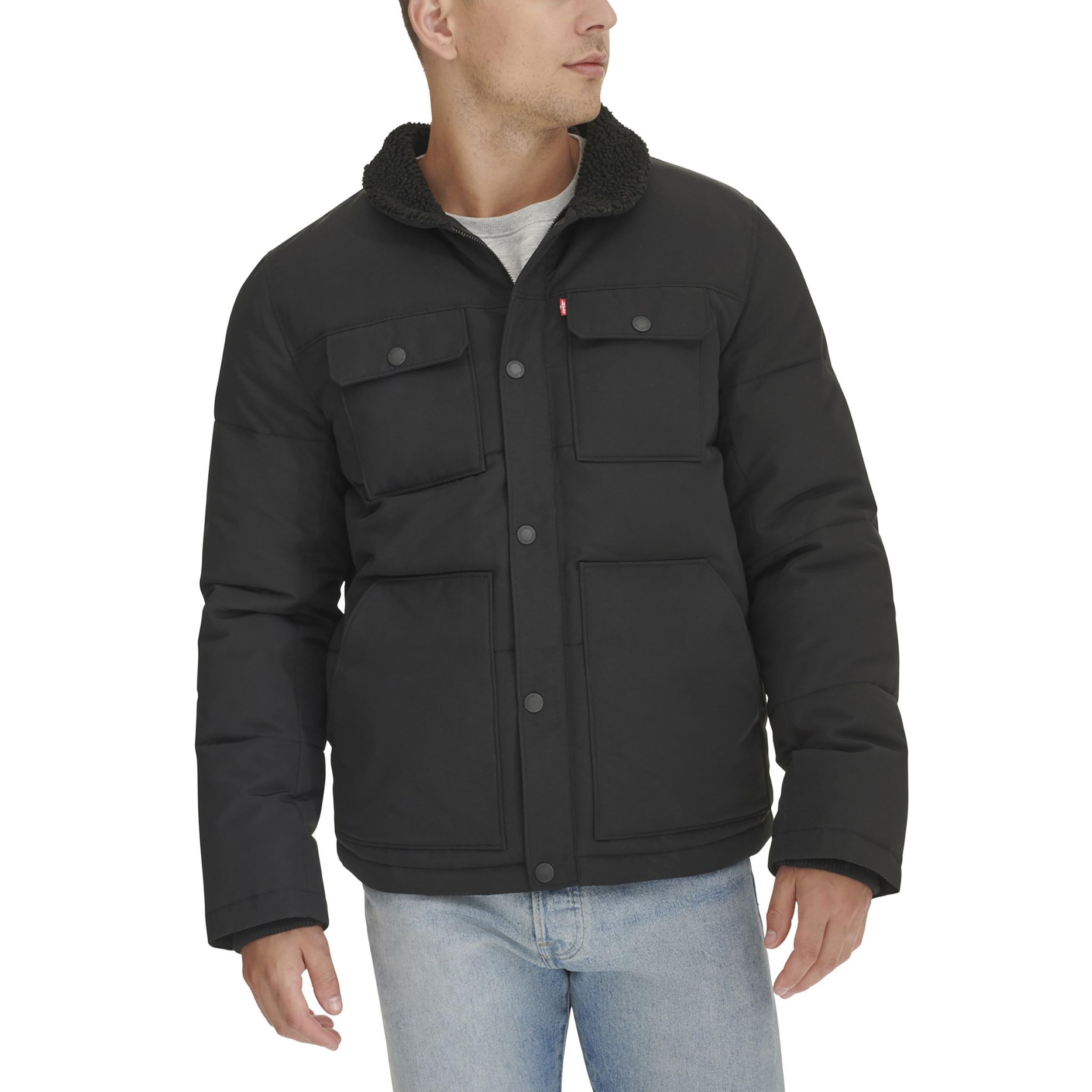 Levi's Mens Woodsman Sherpa Collar Puffer Jacket (Regular and Big & Tall Sizes) Puffer XXL Black Solid