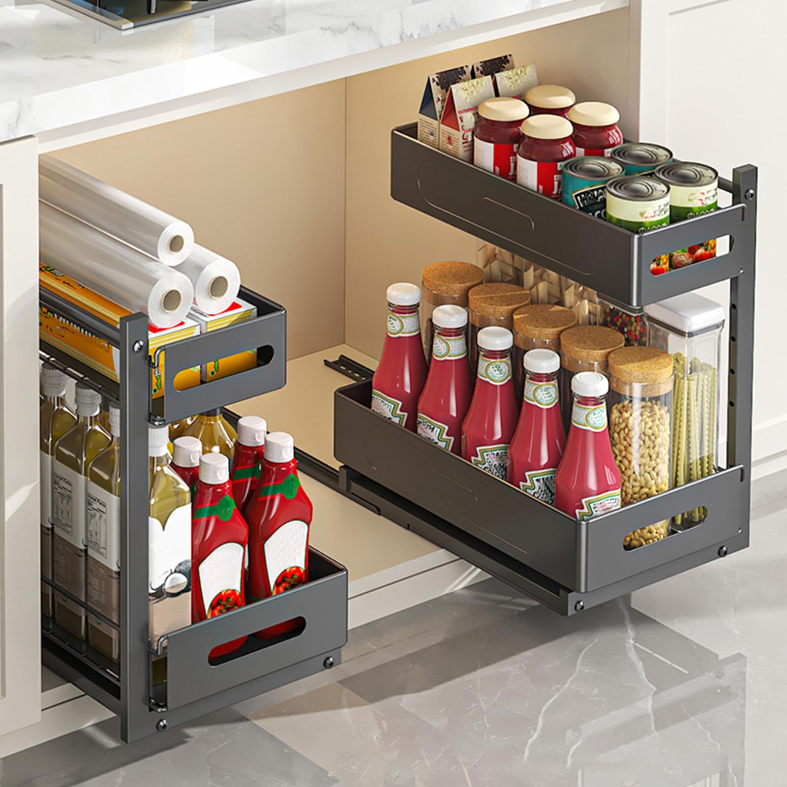 2 Niveaux Rangementr Sous Evier Cuisine et Salle de Bain, Tiroir Coulissant Cuisine Multi-Usage avec Installation Sans Perçage, Silencieux à Billes Acier (Blanc)