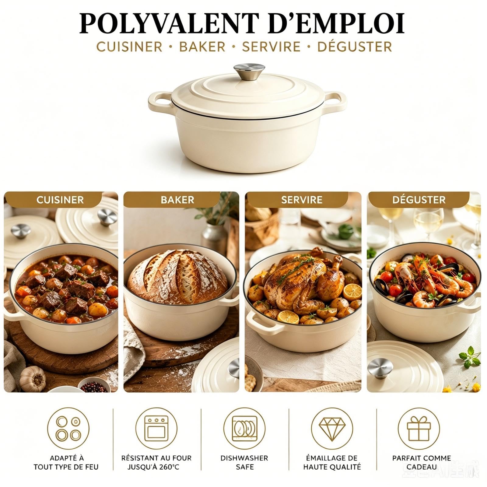 AHJ 4 Casseroles en Fonte Émaillée, Ensemble de cocottes avec poêle à Pain de 4,5 L, rôtissoire de 2,5 L, poêle à Griller de 1,2 L et Couvercle, antiadhésif, va au Four jusqu'à 260°C, Blanc