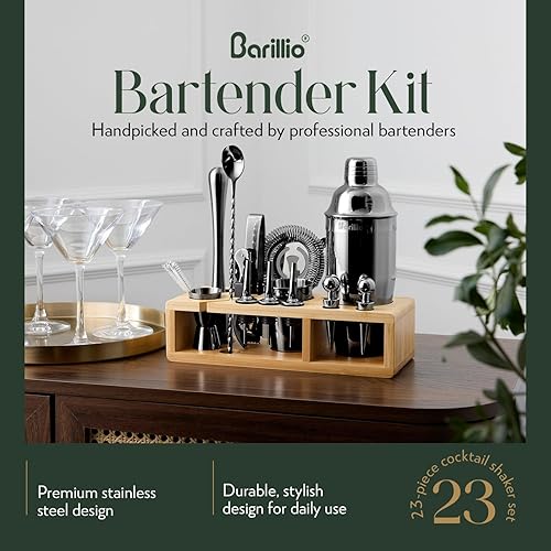 Miniatura 50 de Barillio Kit de barman de oro rosa – Juego de coctelera de acero inoxidable con soporte de bambú negro – Herramientas de barra de mixología con Rosa