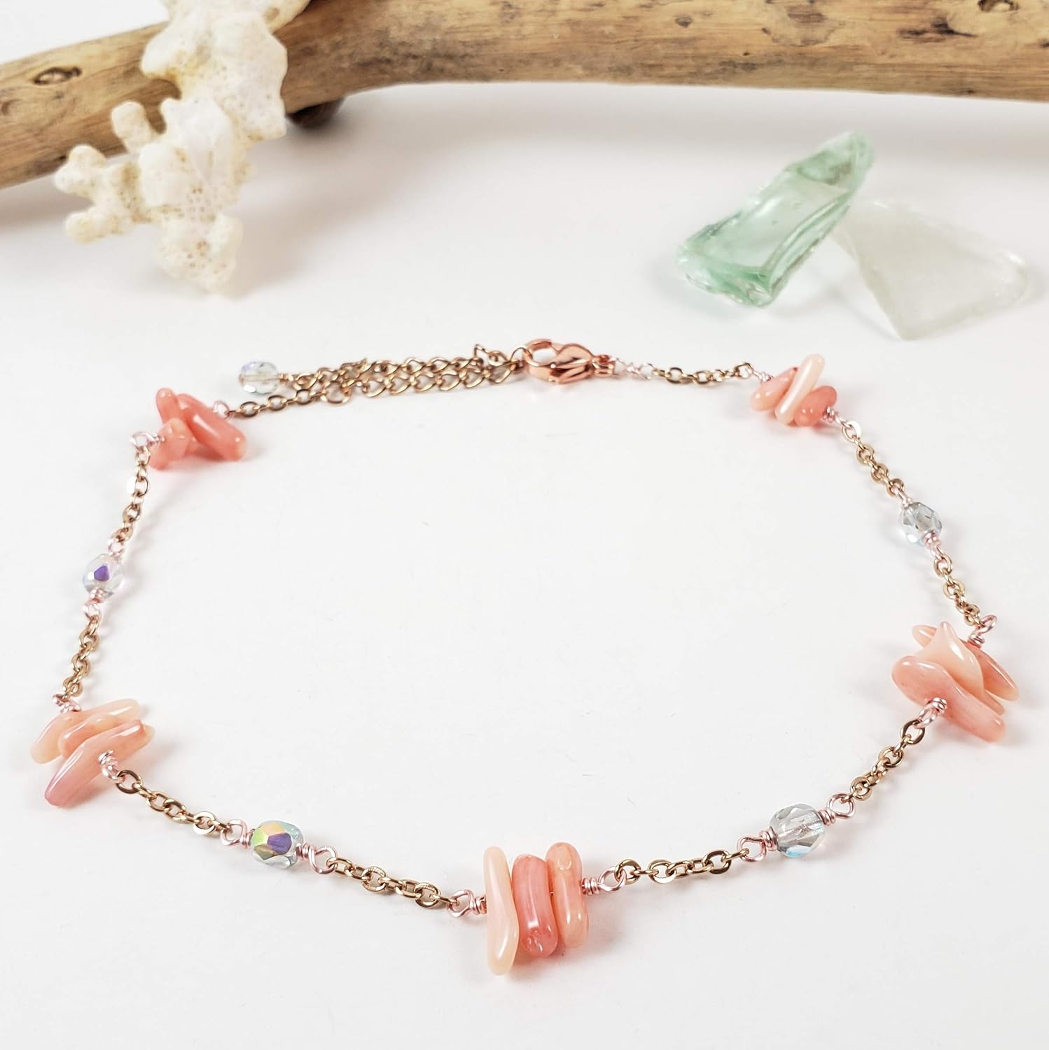 Pink coral and glass anklet in rose gold-hypoallergenic for sensitive skin, Handmade in Hawaii Beach Jewelry