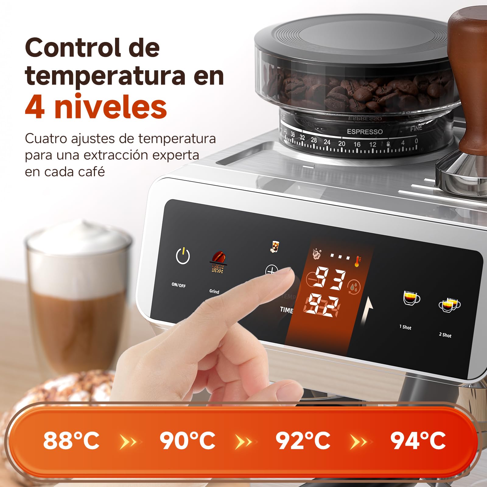AMZCHEF Cafetera Espresso con Molinillo Integrado 20 Bares – Máquina de Café con 44 Ajustes de Molienda，Vaporizador de Leche, 4 Temperaturas, Función Café Frío, Acero Inoxidable, Depósito 1.8L