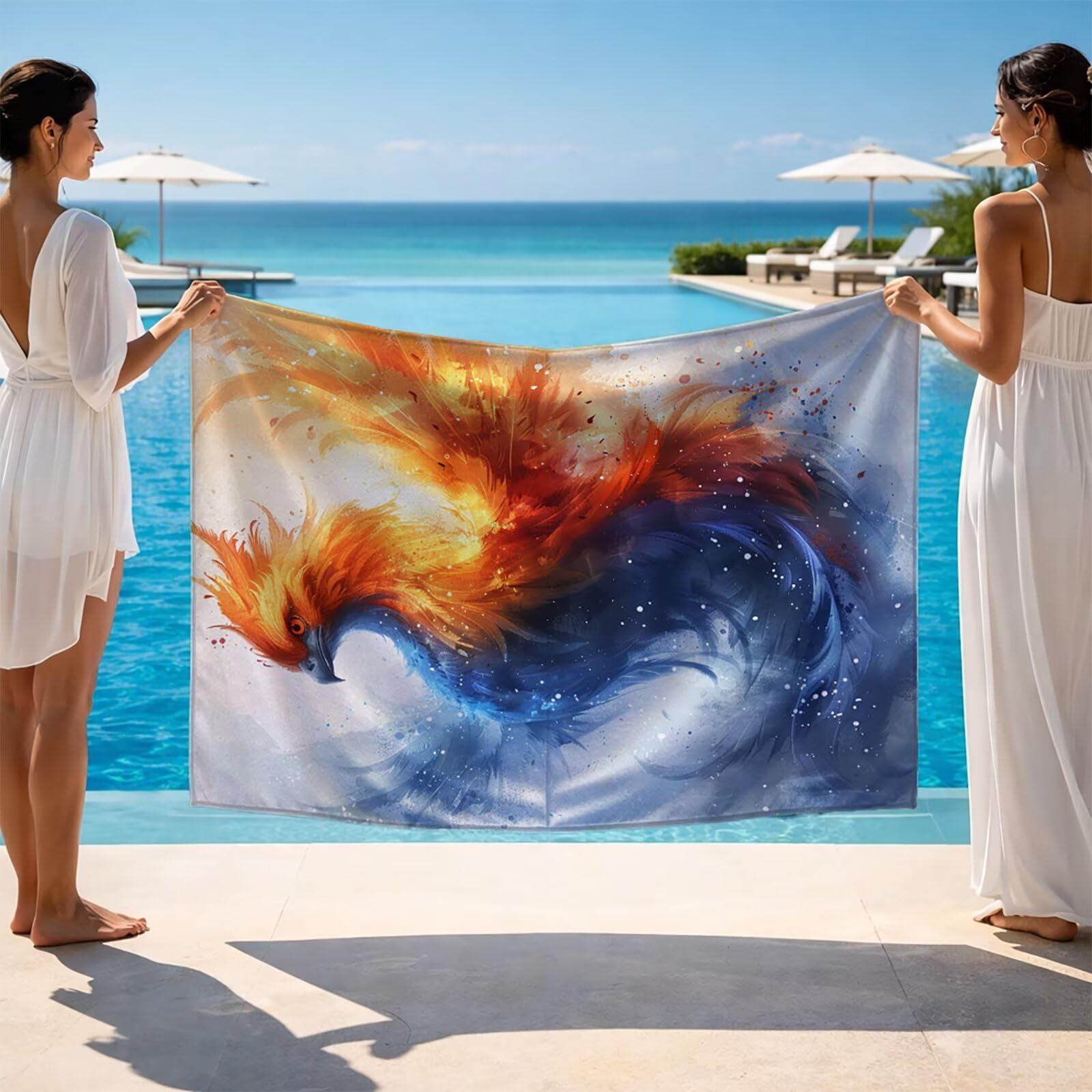 Ręcznik plażowy Feniks 160 x 220, ręcznik plażowy z motywem zwierzęcym oversized lekki komfort, ręcznik plażowy 220 x 160 cm, jako duży ręcznik kąpielowy do sauny na siłownię dla mężczyzn kobiet