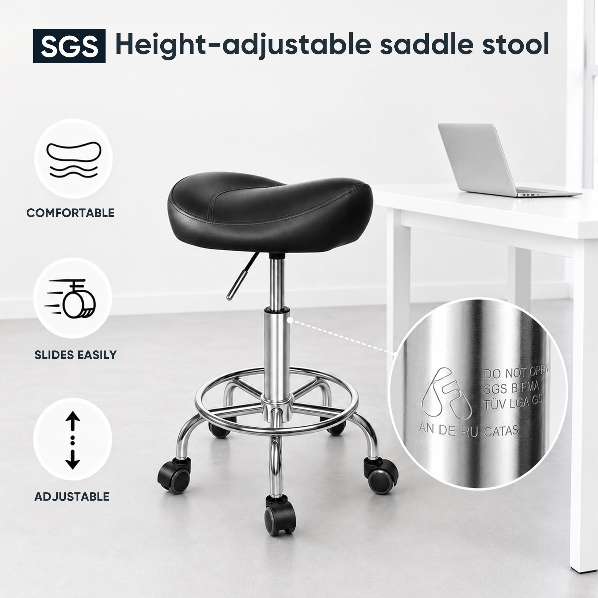 Sattelhocker mit Rollen, Sattelstuhl Ergonomisch Höhenverstellbar 48-57cm, 150kg Belastbarer Rollhocker mit PU-Leder Sitz & Gaslift, für Friseur Massage Praxis Büro Zuhause