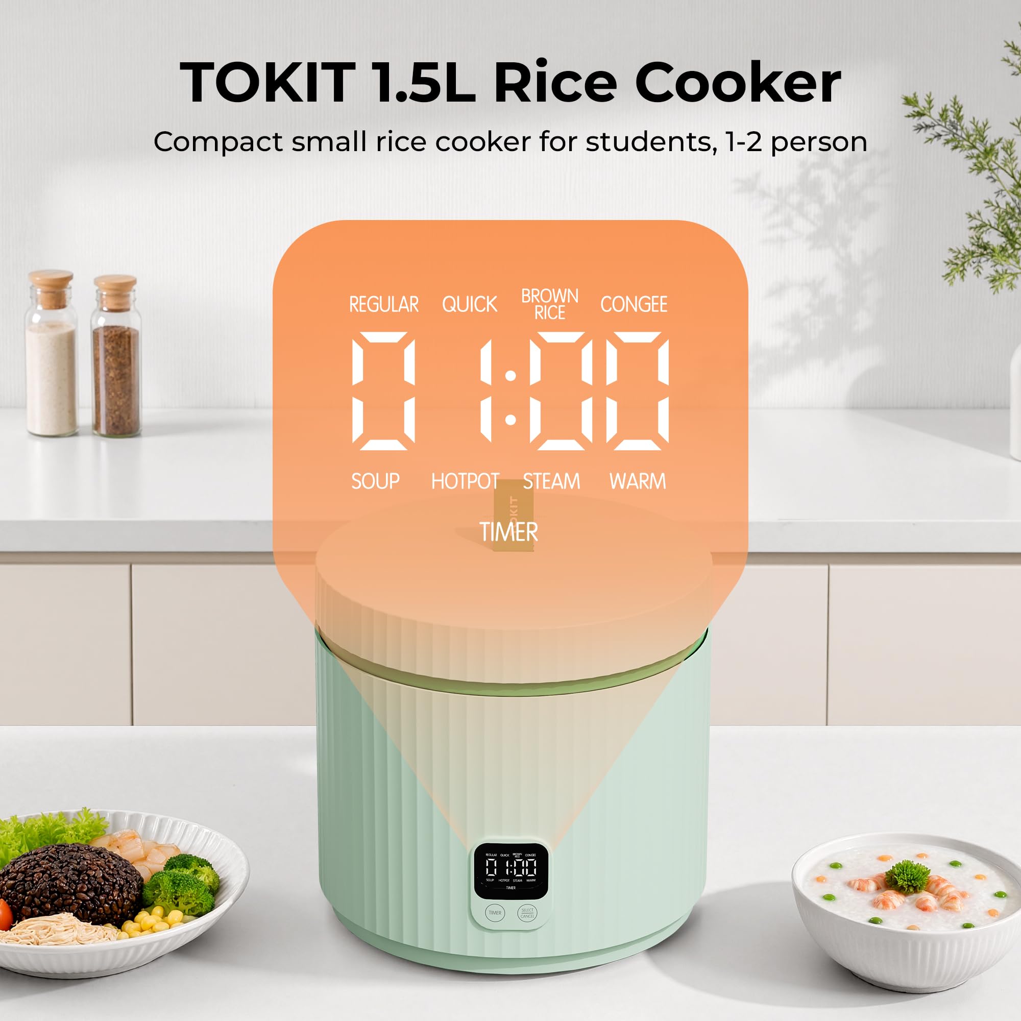 TOKIT Cuociriso Mini 1.5L, Cuociriso Elettrico Multifunzione con Riscaldamento a Induzione IH, Rivestimento Antiaderente Ceramico, 350W per 1-3 Persone, 5 Programmi, Verde
