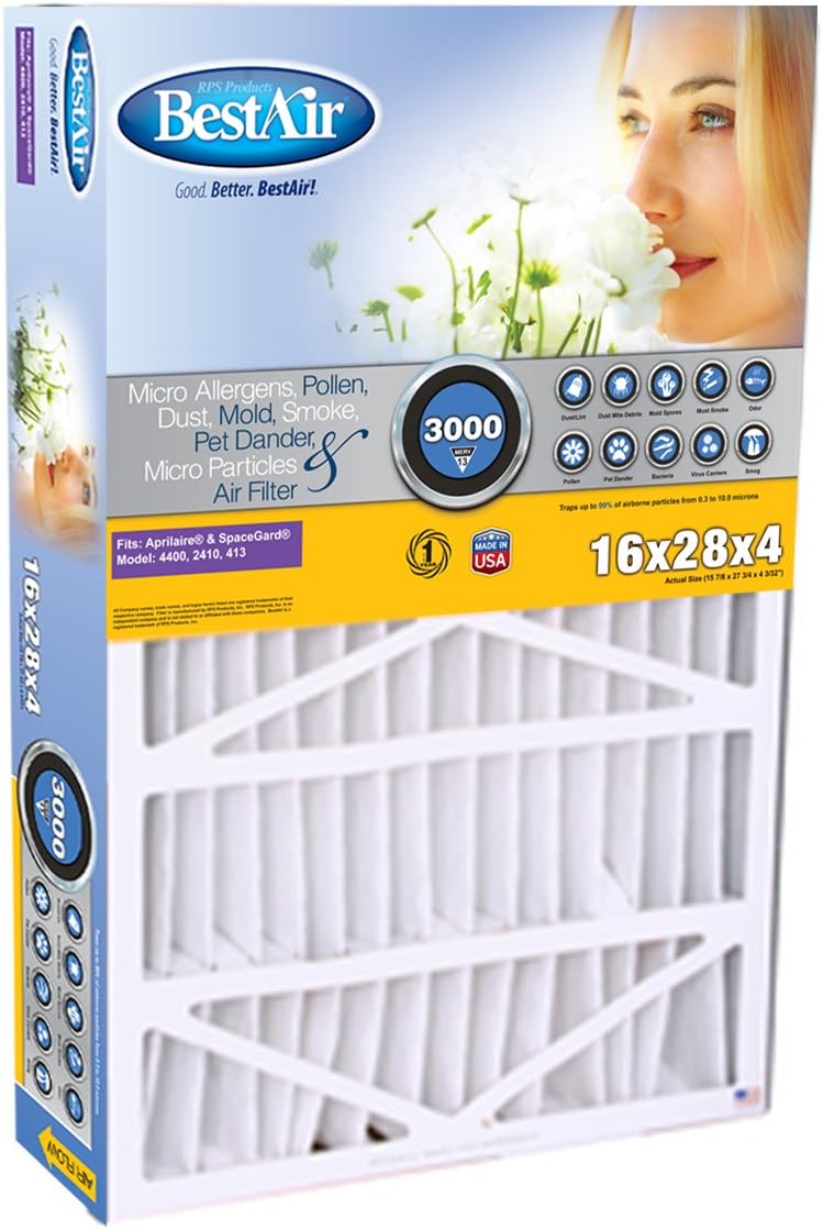 BestAir SG413-BOX-13R AC Furnace Air Filter, 16" x 28" x 4", MERV 13, Removes Allergens & Contaminants, Fits 100%, for Aprilaire/SpaceGard Models, Pack of 1