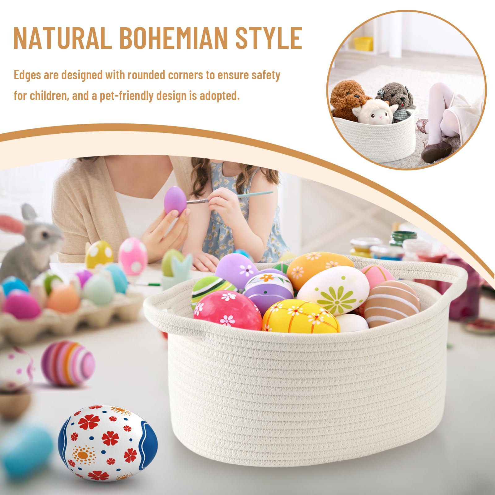 Weiß Cesta Intrecciata in Corda di Cotone con Manico, Cesto Regalo Vuoto, Pratico Cesto Contenitore per Giocattoli per Bambini, Organizzatore Decorativo per Camerette