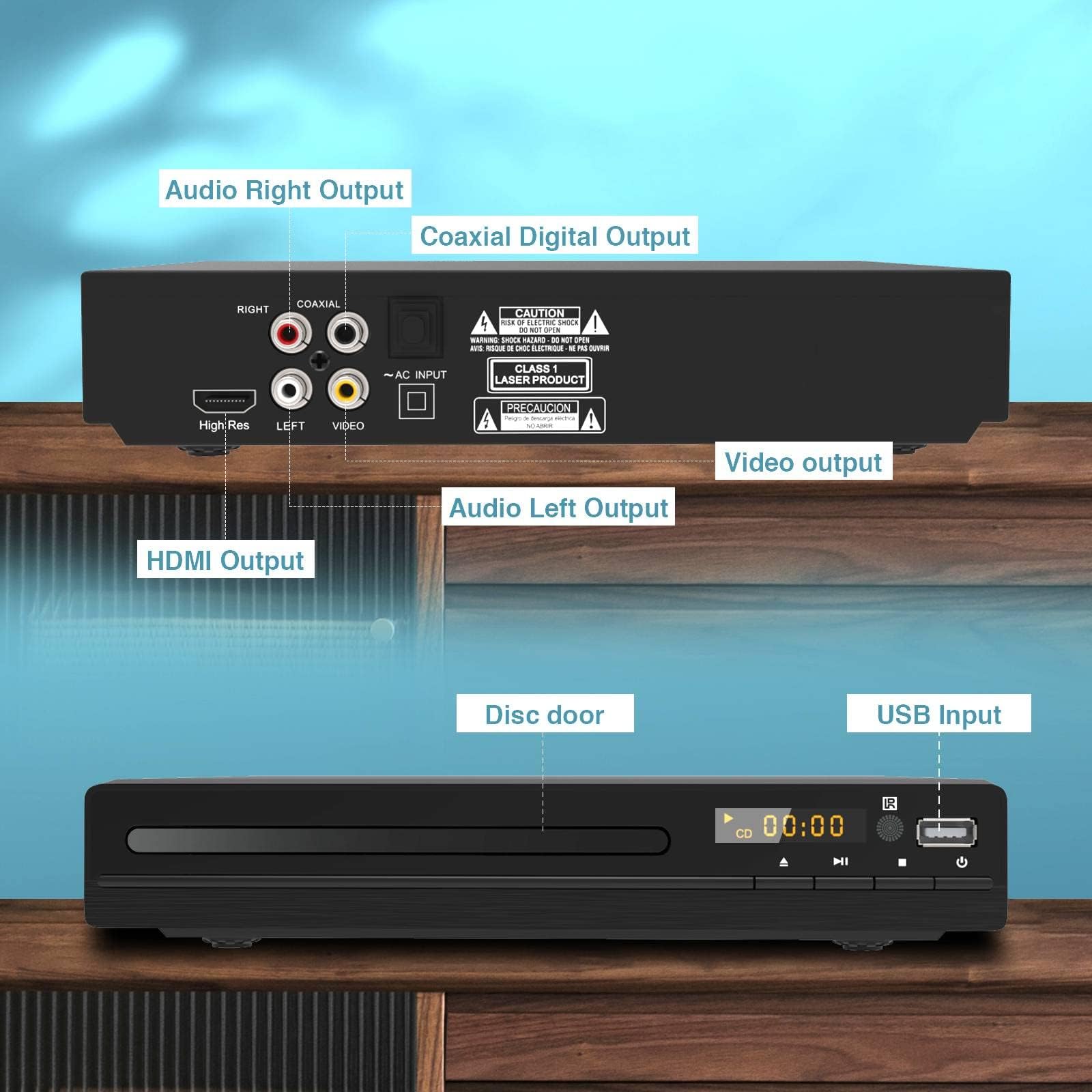 DVD CD Player für Fernseher, Up-Convert to HD 1080p, All Region, Breakpoint Memory, Eingebautes PAL/NTSC, USB 2.0
