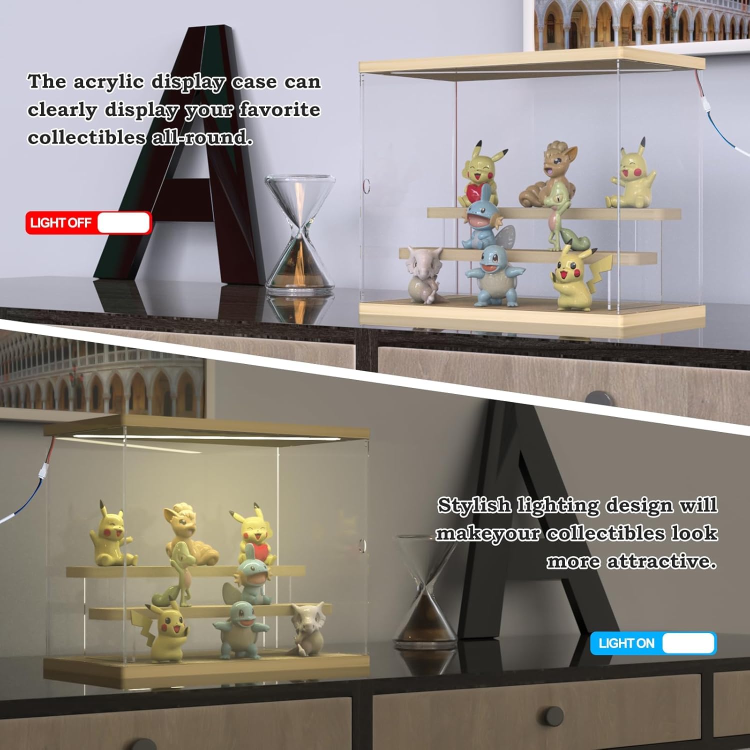 Vetrina Acrilico con Luce per Collezionismo, 3 Livelli Scatola Teca Plexiglass con Porta e Gradini, Antipolvere Vetrina Espositiva per Funko Pop, Modellini, Figurine, Rocce
