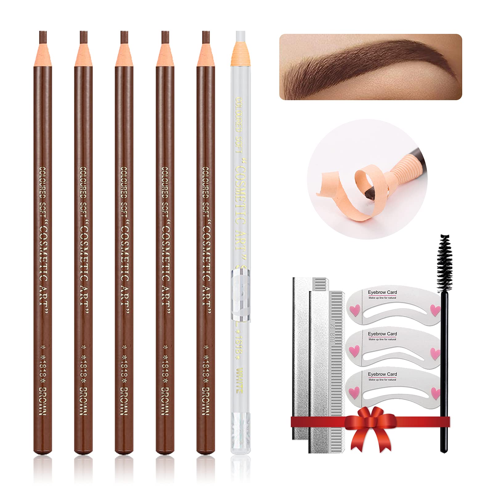 Waterproof Eye-Brow Pen-cil Set, Pull Cord Peel-off Eyebrow Pencil Microblading Pen Supplies Kit, White Eye-Liner Pencil and Eyebrows Tool Tattoo Makeup For Marking (5+1 Brown)