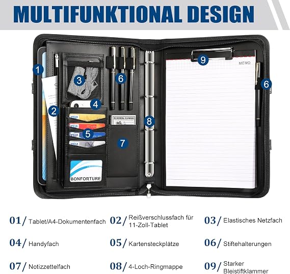 A4 Writing Case with 5 Transparent Pockets Conference Folder with Handle 4 Ring Binder Zip Clipboard Notepad Pen Document Folder Folder for Office Business University School