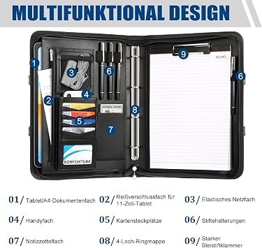 A4 Writing Case with 5 Transparent Pockets Conference Folder with Handle 4 Ring Binder Zip Clipboard Notepad Pen Document Folder Folder for Office Business University School