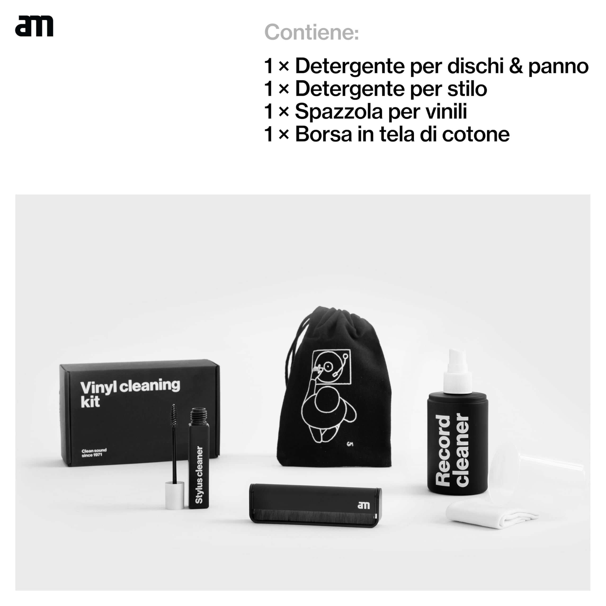 am Kit Pulizia Vinili 3 in 1 – Spray Pulizia Dischi da 200 ml, Stylus Cleaner, Spazzola Antistatica in Fibra di Carbonio e Pickup Brush con Panni in Cotone