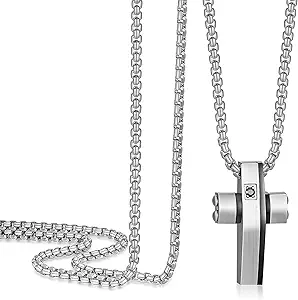 Cross Necklace for Men, Stainless Steel Christian Cross Pendant Necklaces for Men, Silver Chain Necklace for Men, Fade-Resistant, Stylish Jewelry Gift for Him