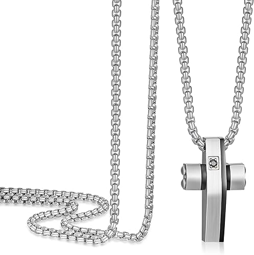 Cross Necklace for Men, Stainless Steel Christian Cross Pendant Necklaces for Men, Silver Chain Necklace for Men, Fade-Resistant, Stylish Jewelry Gift for Him