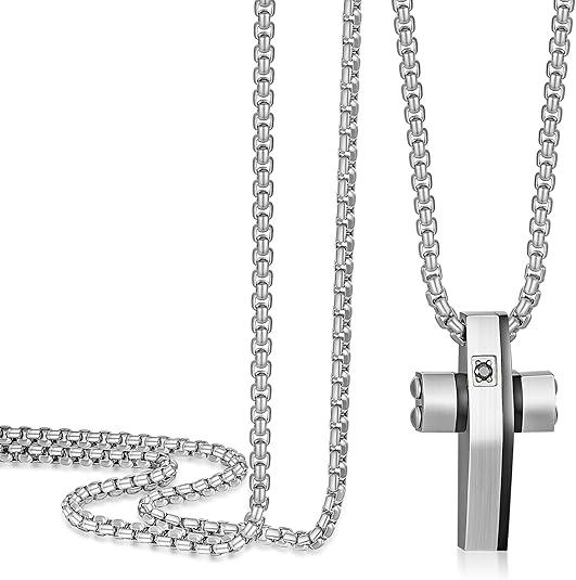 Cross Necklace for Men, Stainless Steel Christian Cross Pendant Necklaces for Men, Silver Chain Necklace for Men, Fade-Resistant, Stylish Jewelry Gift for Him