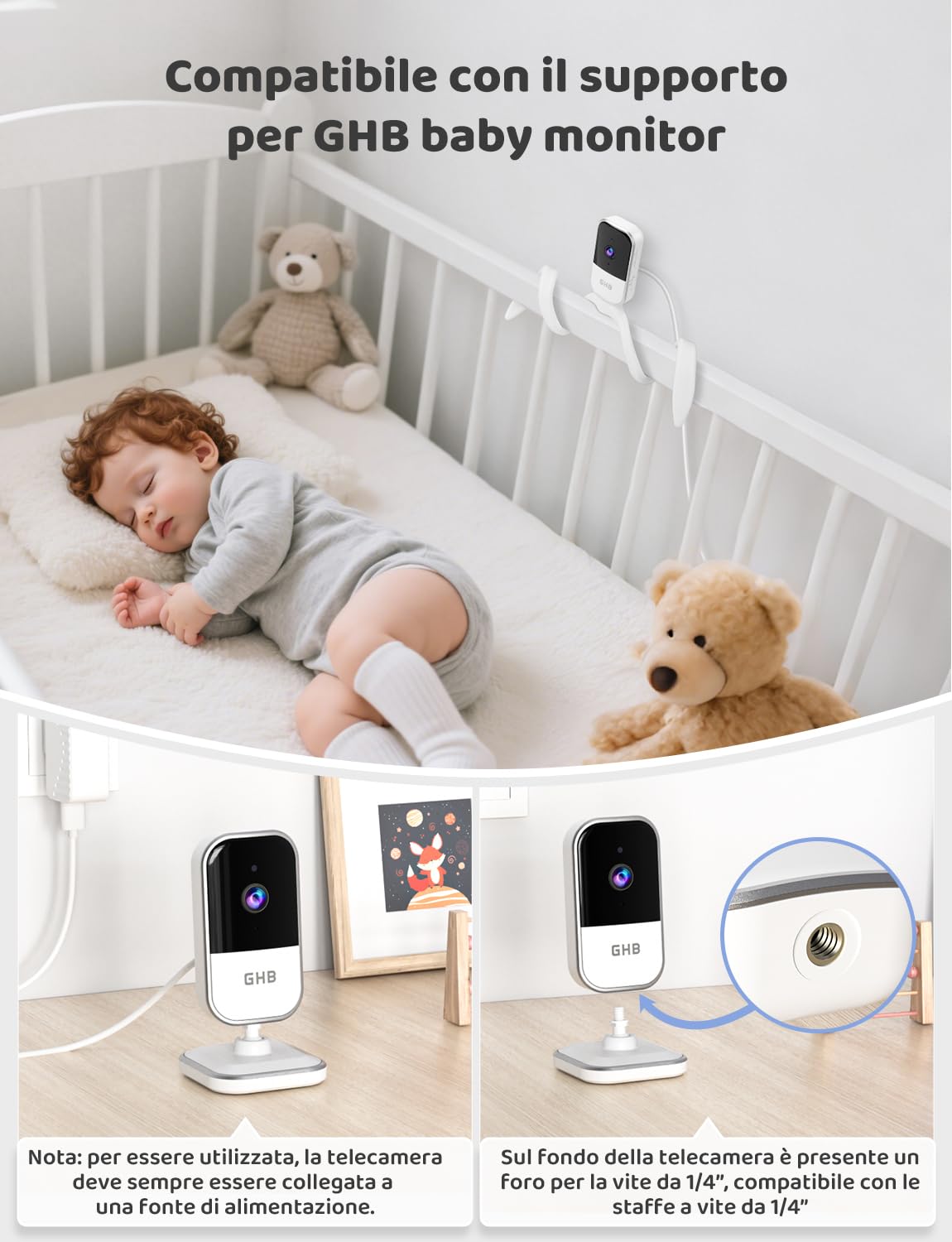 GHB Baby Monitor Video e Audio 5" 720P HD 5000mAh IPS Schermo, Telecamera Bambini con Monitor VOX Visione Notturna Rilevamento della Temperatura