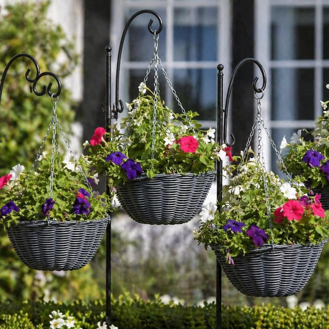 Garden Mile Slate 3 Pack Rattan Hanging Basket Outdoor - 14" Durable Basket For Garden Decorations, Patio Hanging Flower Planters - Weatherproof Garden Planter