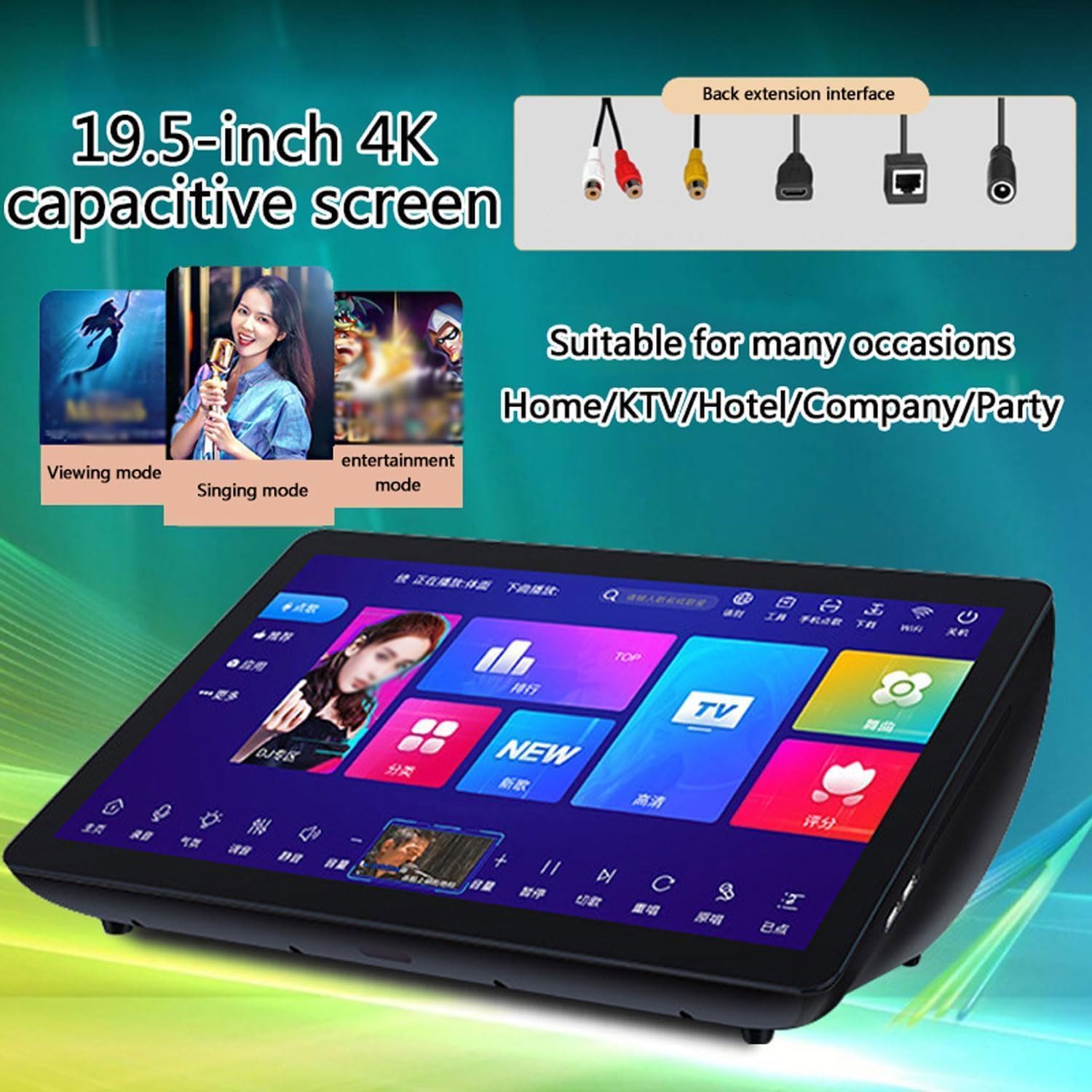 Macchina per karaoke professionale da 19,5 pollici, touch screen capacitivo a LED, con 2 microfoni wireless con riverbero, controllo app telefono, supporto 20 lingue, karaoke per feste in casa