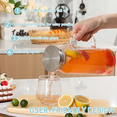 Miniatura 6 de Roshtia Jarra de vidrio con tapa, jarra de agua fría caliente con asa, resistente al calor, jarra de agua de borosilicato para refrigerador, botella