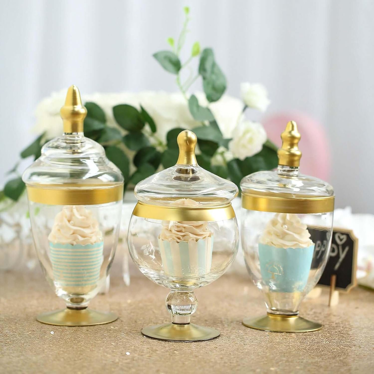 Efavormart 3 Pack | Gold Glass Apothecary Jars Candy Buffet Containers with Lids For Wedding Party Favor Decor - 8.5"/9.5"/9"