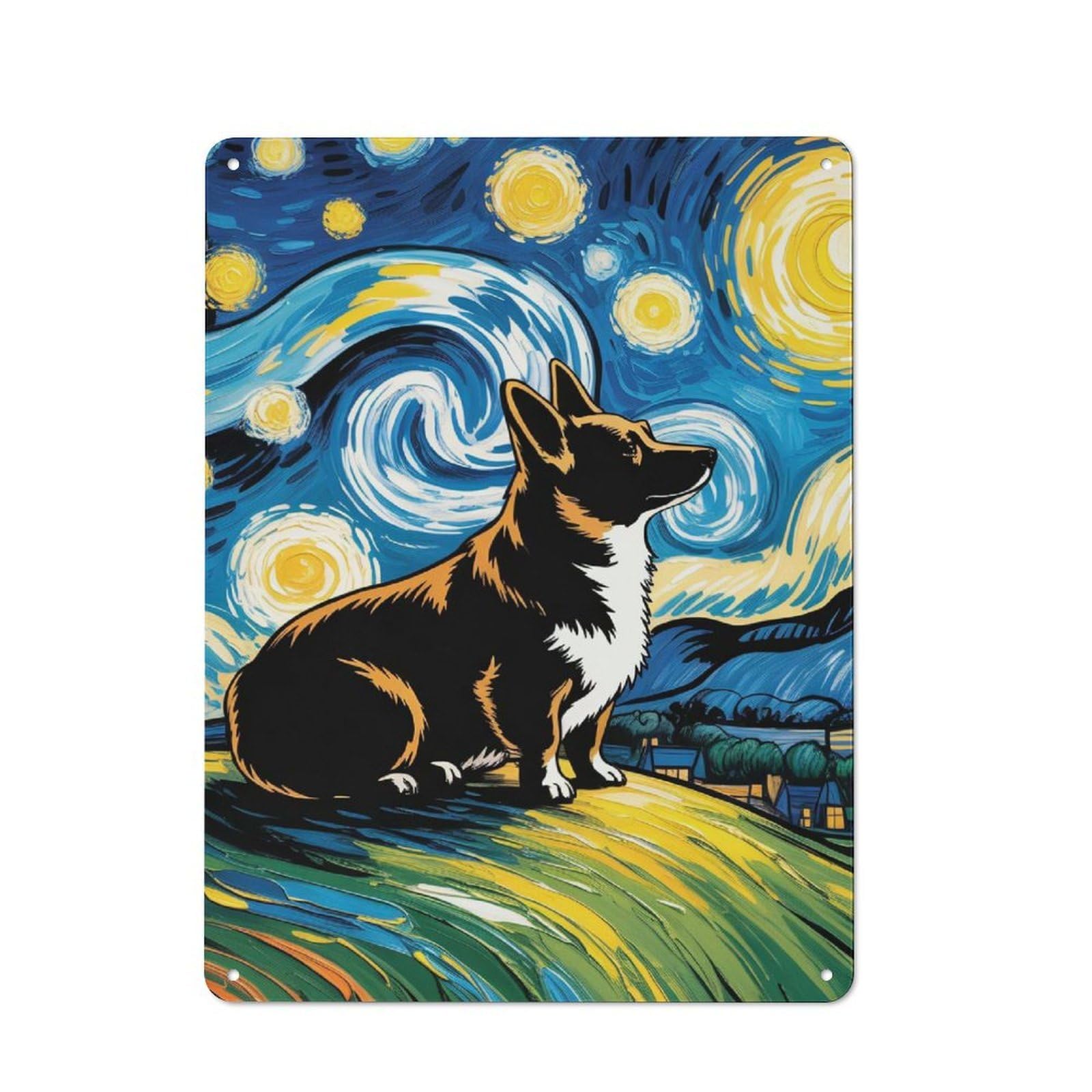 Junmoney Style-17 Metal Wall Sign 40X30cm Featuring Cute Corgi At Night For Living Room Wall, For Metal Sign Collectors, For Garage And Workshop Walls