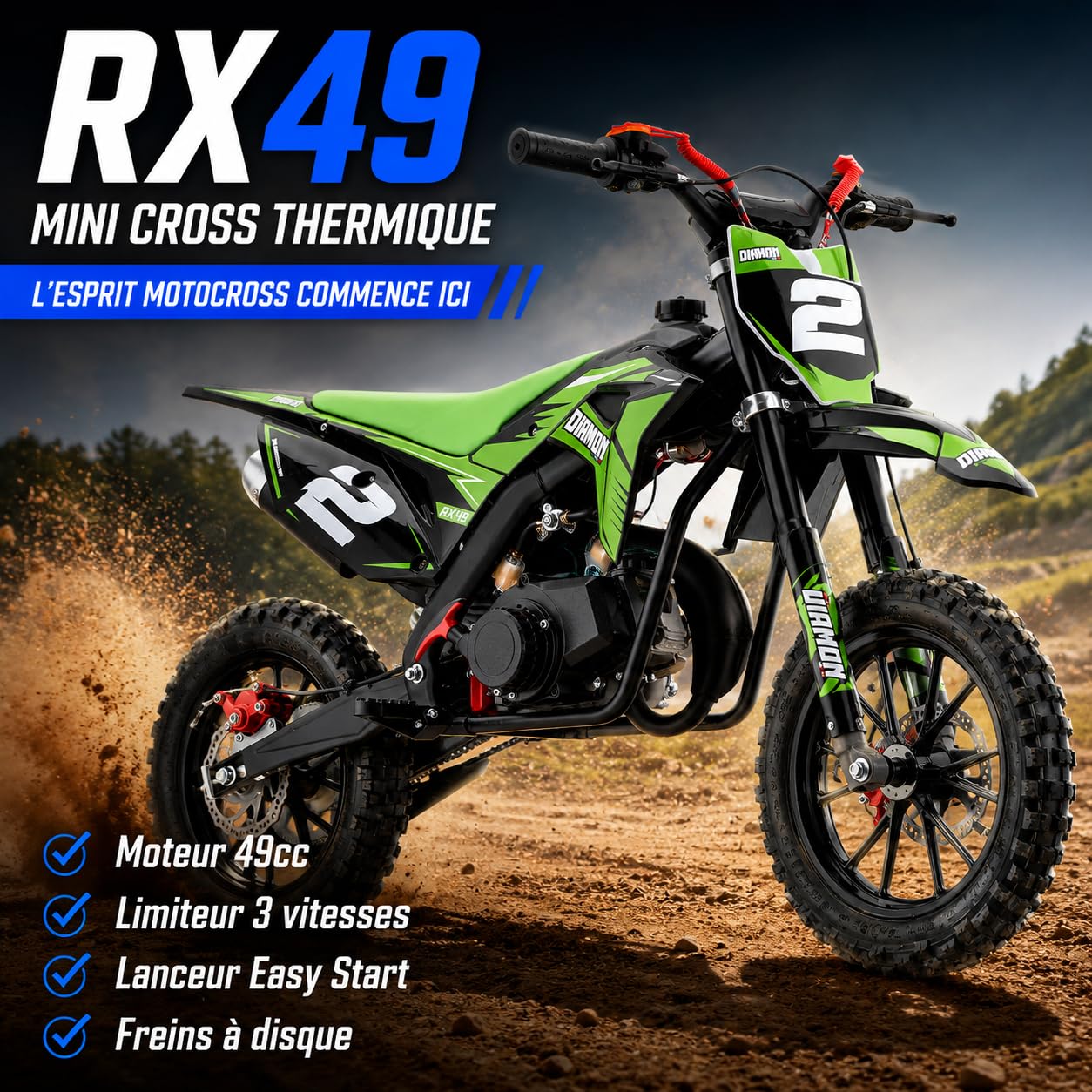 Mini Cross Enfant 49cc Orion RX49 – Pocket Bike Thermique 2 Temps, Démarrage Facile, Freins à Disque, Limiteur Vitesse 3 Pos., Amortisseur Hydraulique – Vert