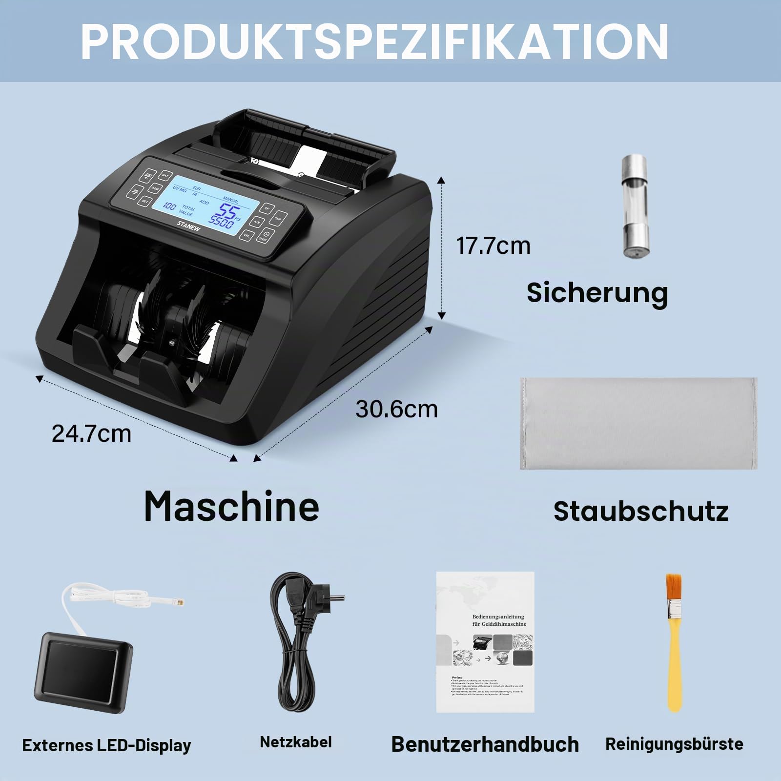Geldzählmaschine,Zählmodi nach Bündel und Schnitten, professioneller Geldscheinzähler Euro, STANEW,UV/MG/IR, Geschwindigkeit >1000 Stück/min, EUR/USD/GBP, tragbarer Geldzähler mit Affich