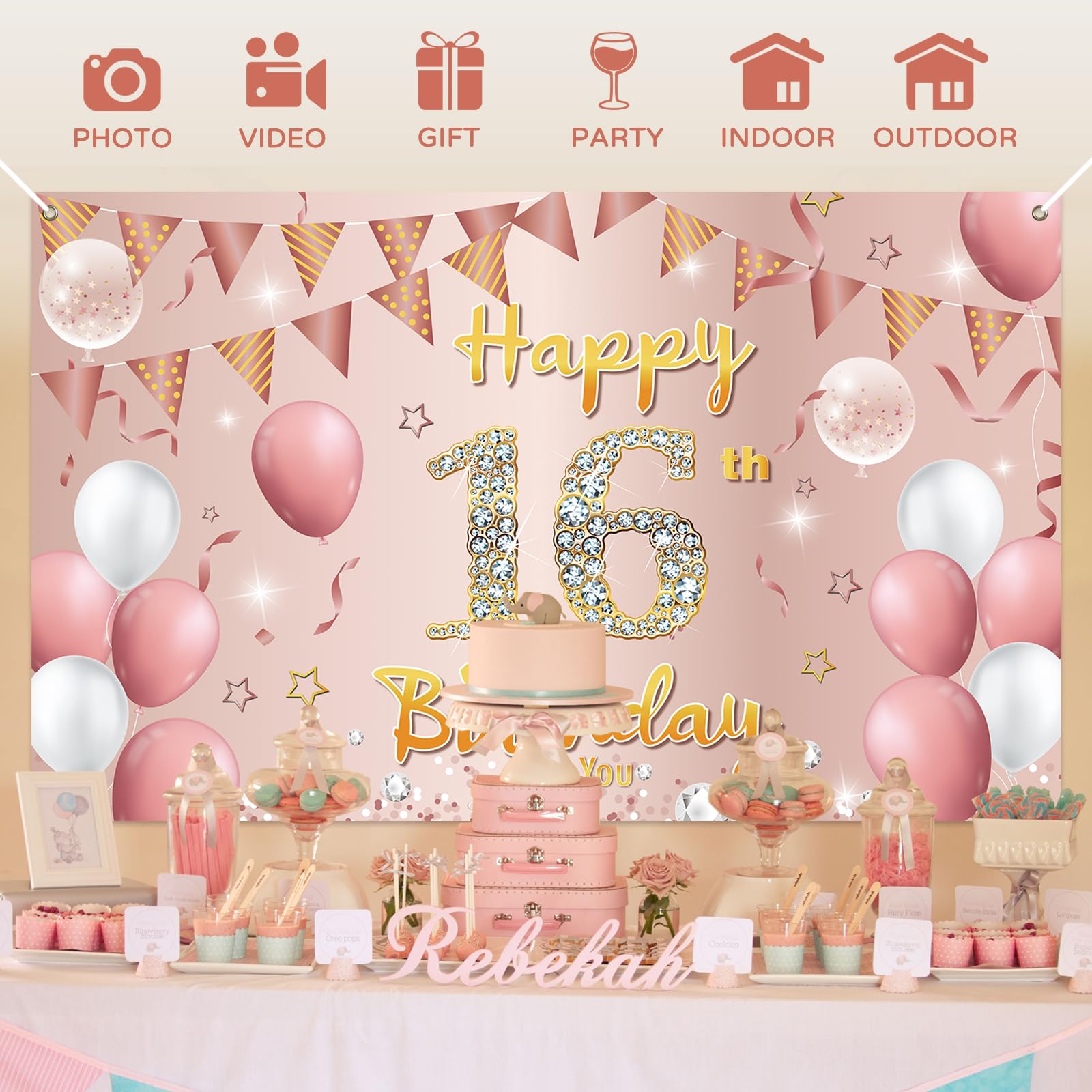 HOWAF Striscione 70 Compleanno Donna Oro Rosa - Decorazione Parete 185x110 Cm - Tessuto Poliestere - Per Feste - Foto 7