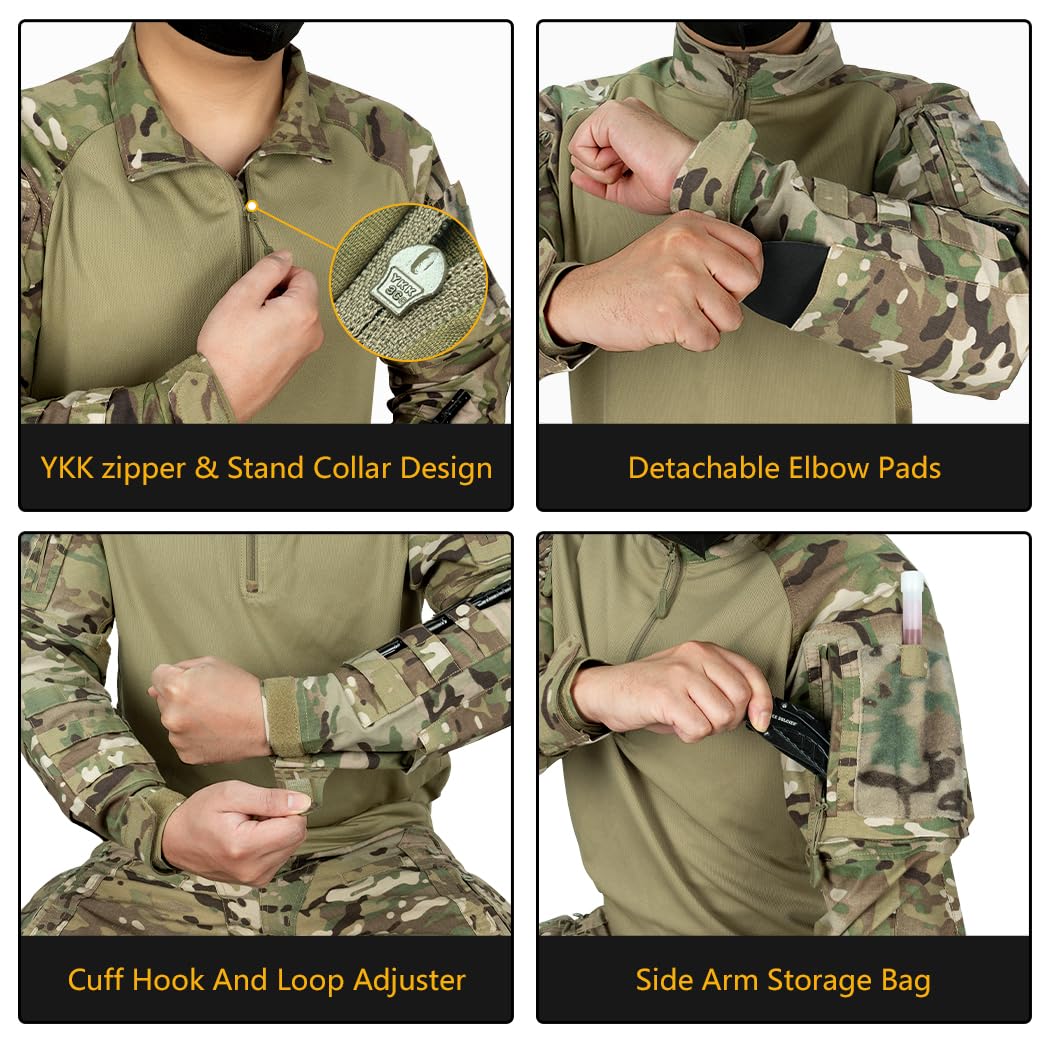 IDOGEAR Combattimento Camicette manica lunga da uomo Camicia tattica con gomitiere militare BDU Camicette con tasche Airsoft Magliette e camicette