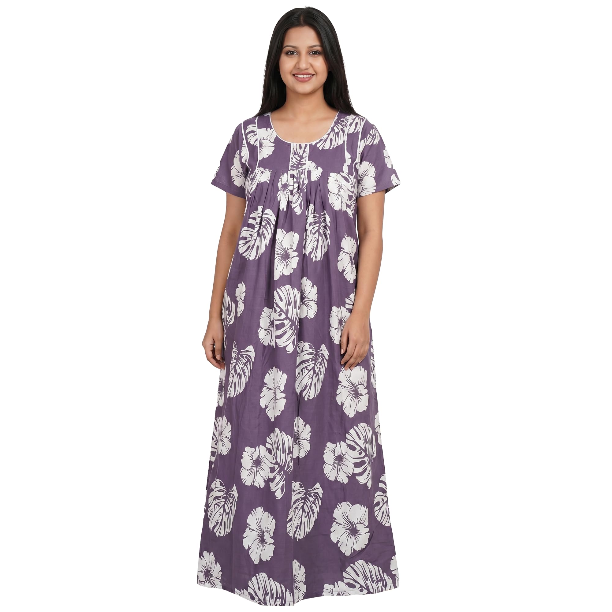 kavz Women's Cotton Nighty, Purple Floral Print, Maxi Length, Plus Size 2XL-7XL, Short Sleeve, Casual Sleepwear-picture-20