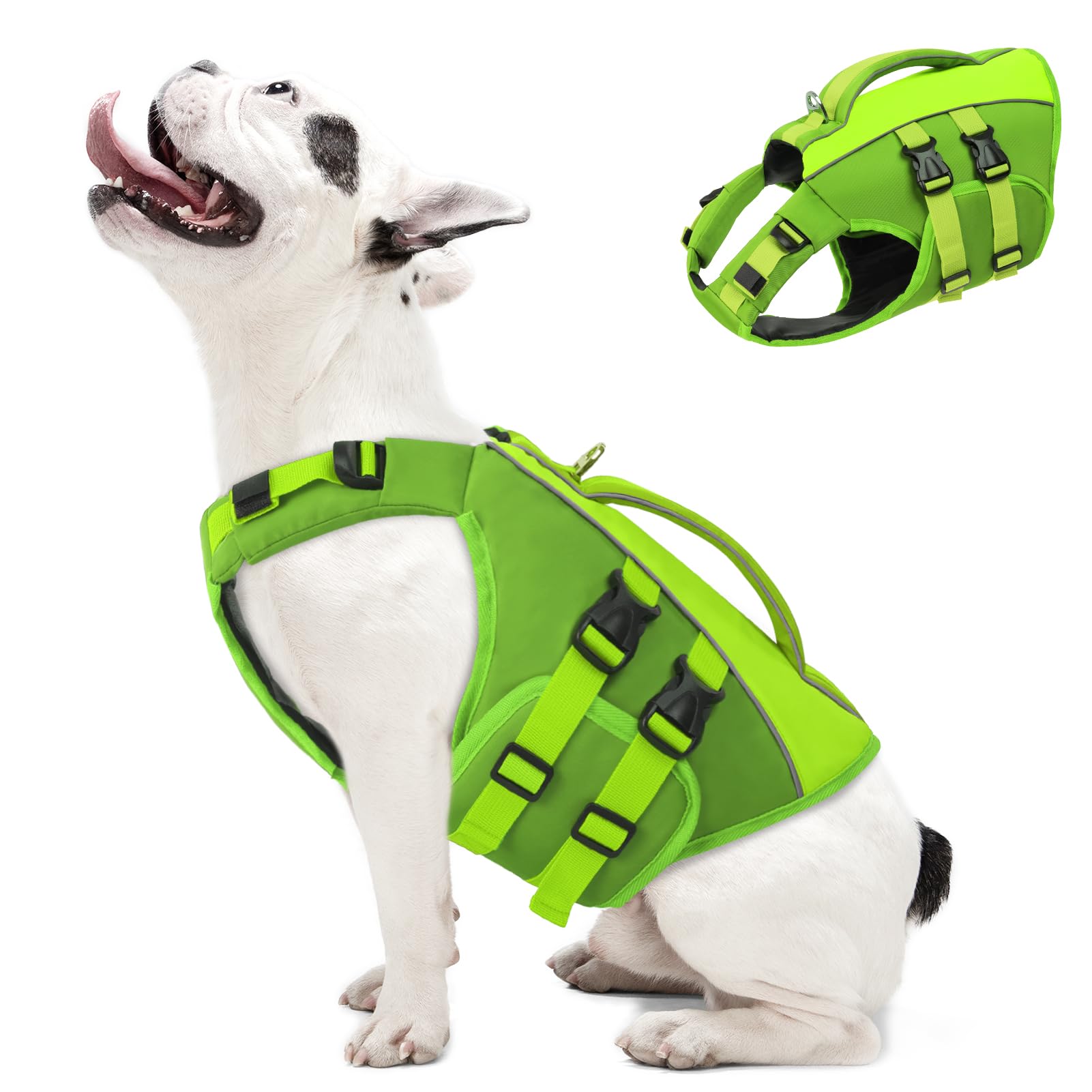Qeenmore Salvagente Cane Taglia Media - M Verde, Regolabile, Con D-Ring, Galleggiabilità Extra, Per Bulldog Francese, Bassotto