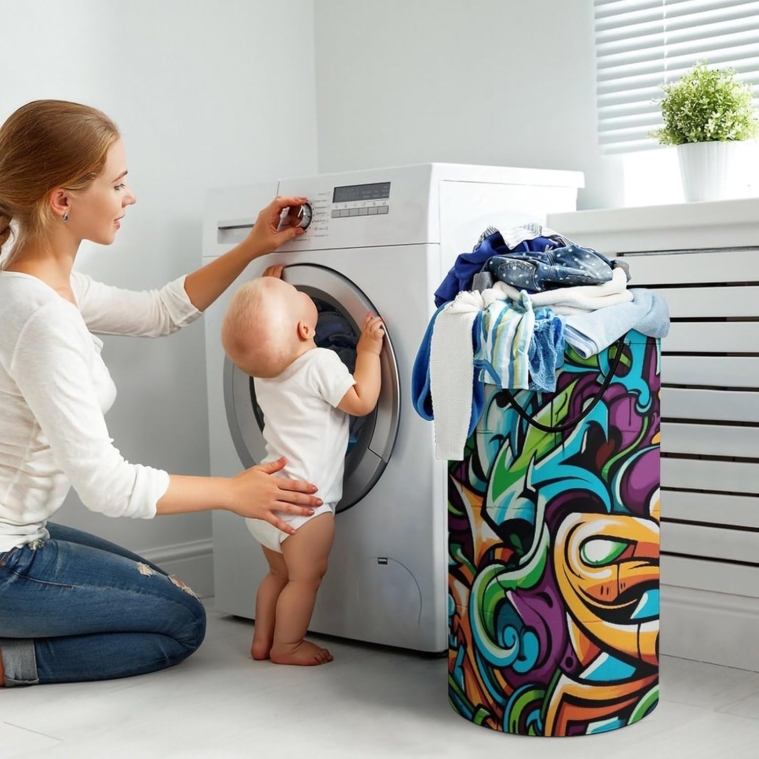 Graffiti Drawing Art Laundry Hamper with Handles Waterproof Collapsible Laundry Basket Large Lightweight Round Dirty Clothes Hamper for Home Dorm Bathroom Decor