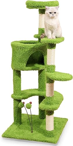 Árbol para gatos de interior, torre para gatos de 49.2 pulgadas de alto con condominio, perca, postes rascadores y juguetes, muebles verdes para
