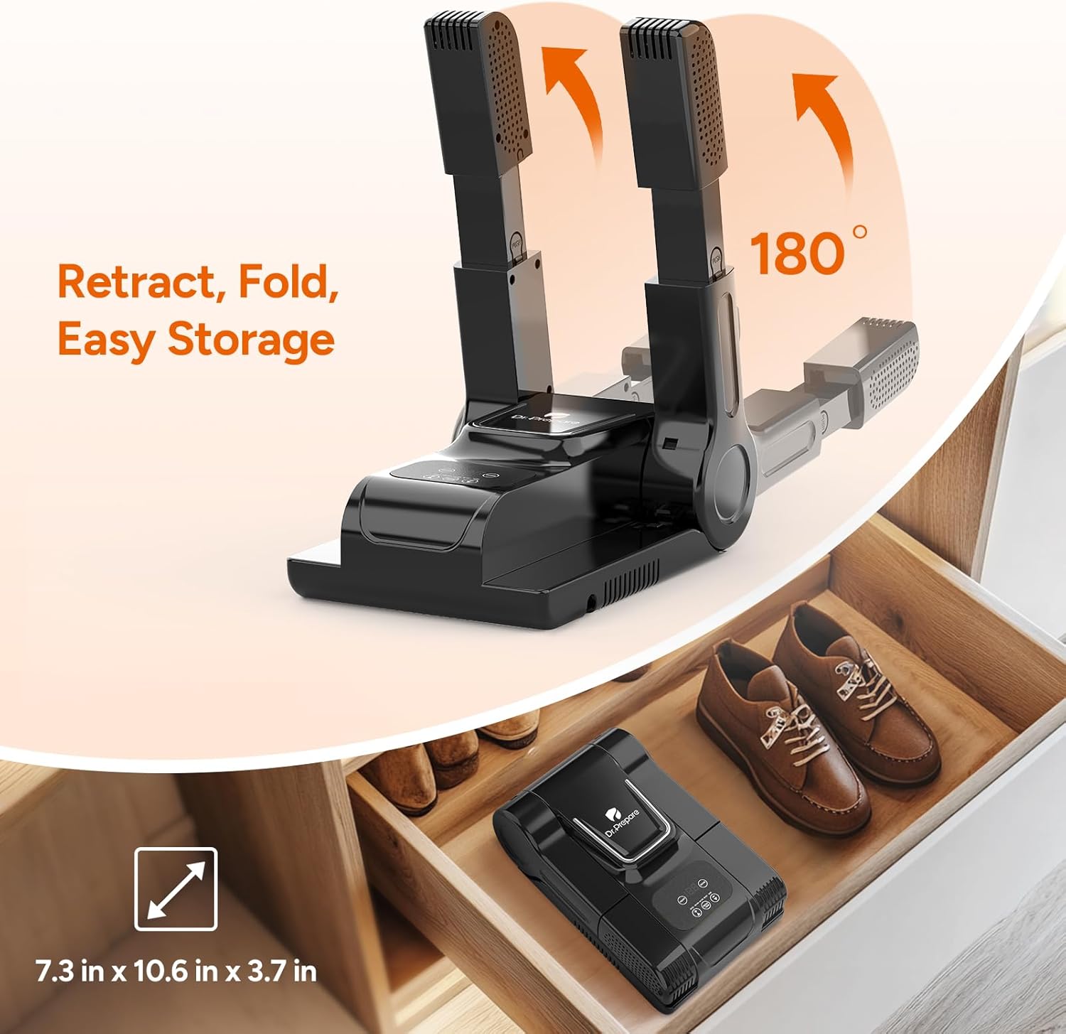DR.PREPARE Boot and Shoe Dryer folded for storage next to a drawer.