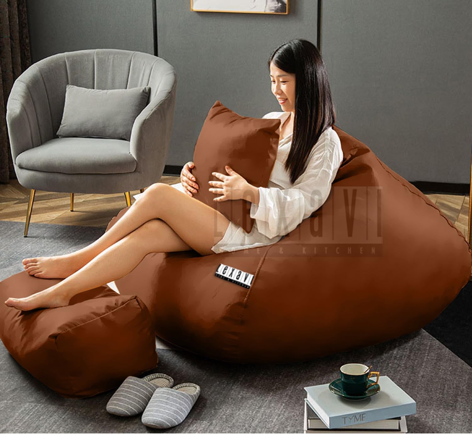 Sponsored Ad - Brand® - 5XL Imported Soft Oxford Leather Bean Bag with Rectangular Extra Comfortable Footrest & Comfy Cushion with Beans Filled I Bean Bag Chair (Ready to Use) Color- (XXXXXL - Dark TAN)
