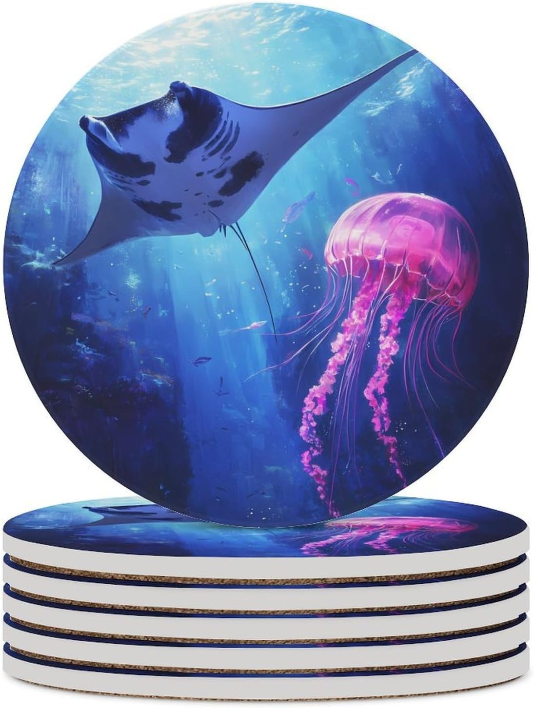 Manta Ray Jellyfish Round Ceramic Coasters for Drinks Absorbent Cup Holder Tabletop Protector with Cork Base