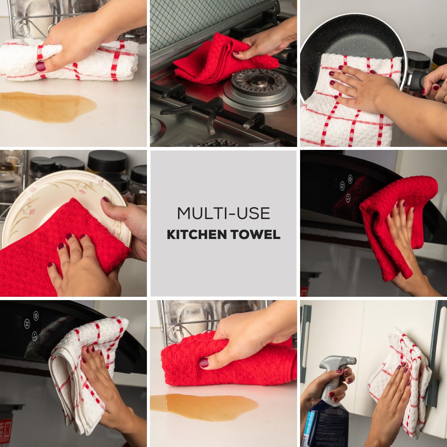 GOLD TEXTILES Kitchen Towels 6 Pack Premium 100% Cotton Dish Towels for Kitchen (15 x 25 Inches) Super Soft & Absorbent Kitchen Hand Towels for Drying Dishes, Cleaning - Reusable and Washable (Red) - Image 5