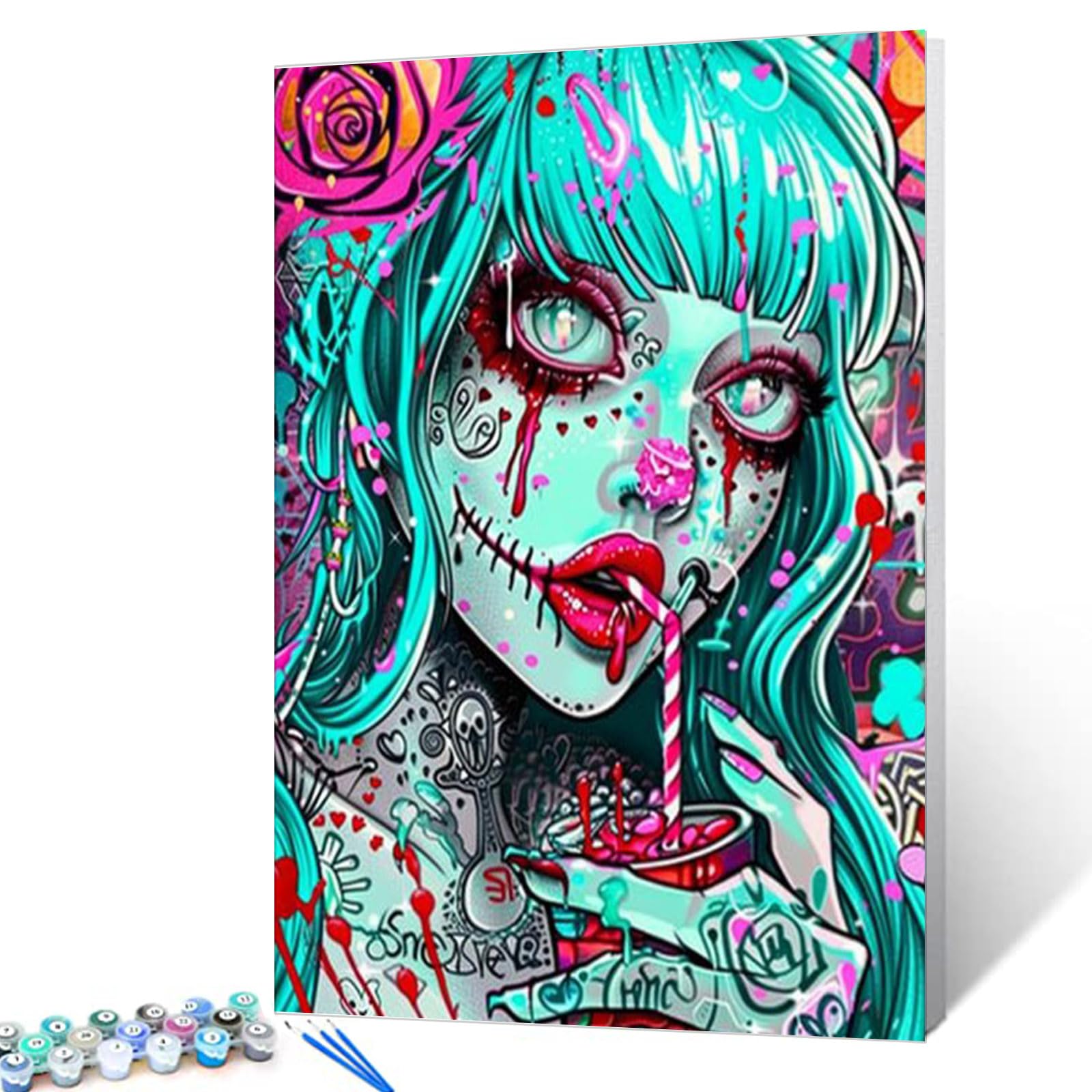 Beautiful Colorful Girl Drink Paint by Numbers Kits for Adults Sugar Skull Girl DIY Canvas Oil Painting Acrylic Pigment Kits Paint by Number Horror Style Home Wall Art Decor Gift 16x20In (Frameless)