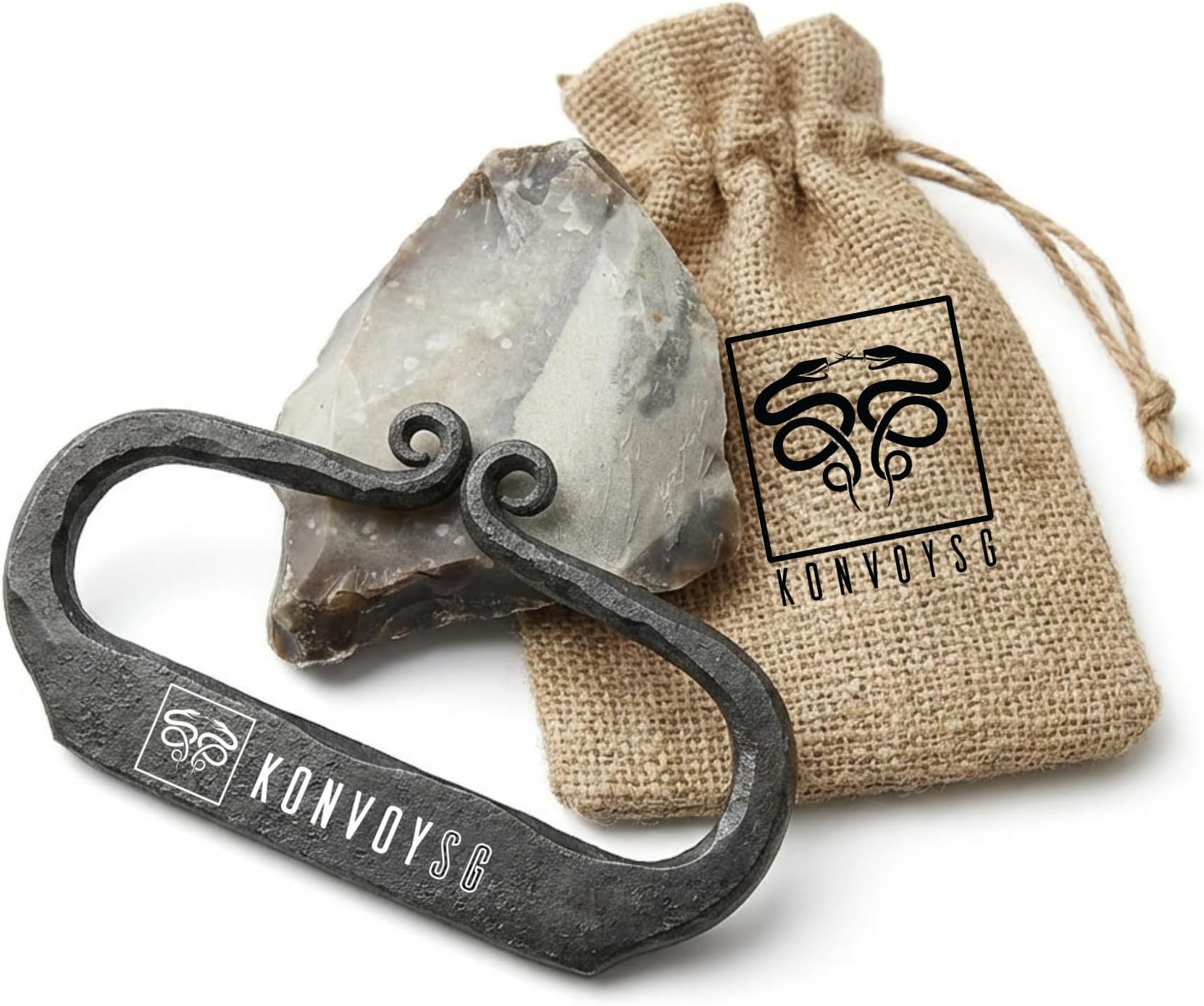 Flint and a Steel Striker Made from Carbon Steel Traditional Hand Forged Fire Starter Comes with English Flint Stone and Emergency Tinder Jute Carry Bag