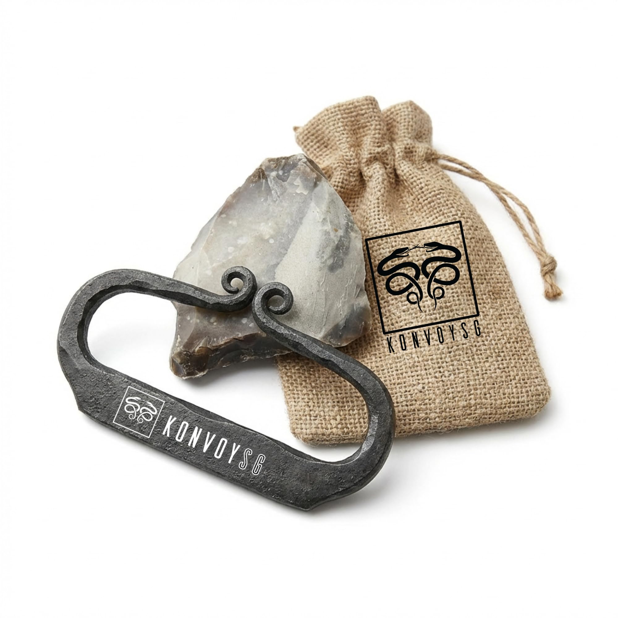 Hand-Forged Flint & Steel Fire Striker Kit – Carbon Steel with English Flint Stone & Jute Carry Bag – Traditional Bushcraft Survival Fire Starter for Camping & Emergency Use